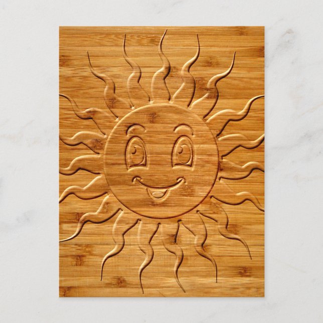 Print Of Smiling Sun Face Carved In Wood Postcard (Front)