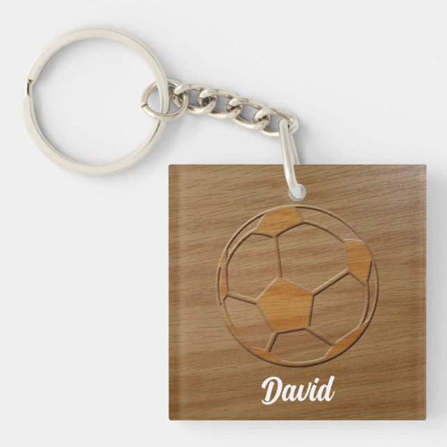 Print Of Soccer Ball Carved In Wood Custom Name Key Ring (Front)