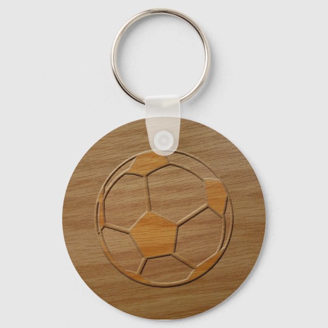 Print Of Soccer Ball Carved In Wood Key Ring (Front)