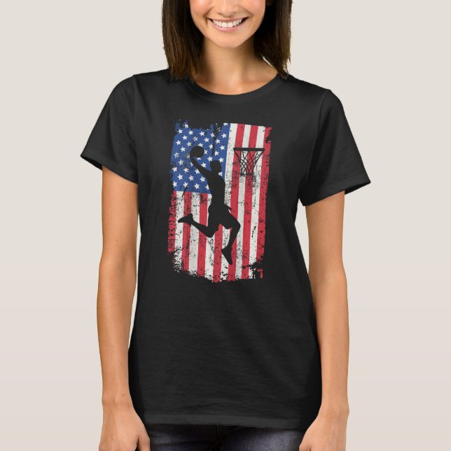 Print On Back Basketball USA American Flag 4th Of  T-Shirt (Front)