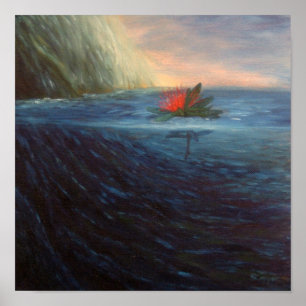 Print: Pohutukawa Red Flower in the blue Sea Poster