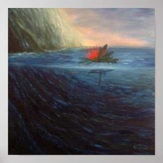 Print: Pohutukawa Red Flower in the blue Sea Poster