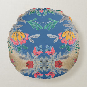 Print vintage wallpaper  Blue  pink yellow floral Round Cushion