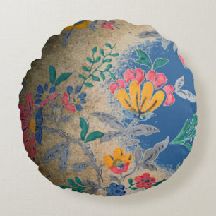 Print vintage wallpaper  Blue  pink yellow floral Round Cushion