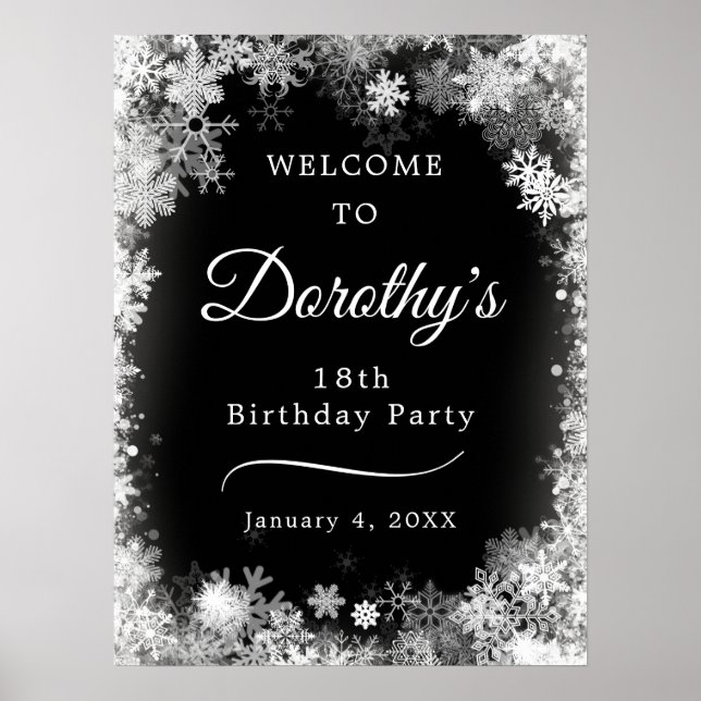 Printable 18th Birthday Snowflake Black Welcome Poster (Front)