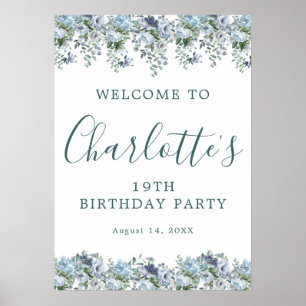 Printable 19th Birthday Blue Floral Welcome Poster