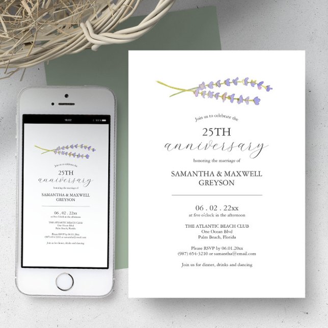 Printable 25th Wedding Anniversary Invitations (Wedding anniversary invitation minimalistic watercolor lavender art by Victoria Grigaliunas)
