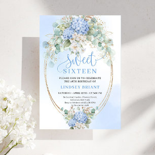 Printable Blue Floral Gold Sweet Sixteen Party Invitation