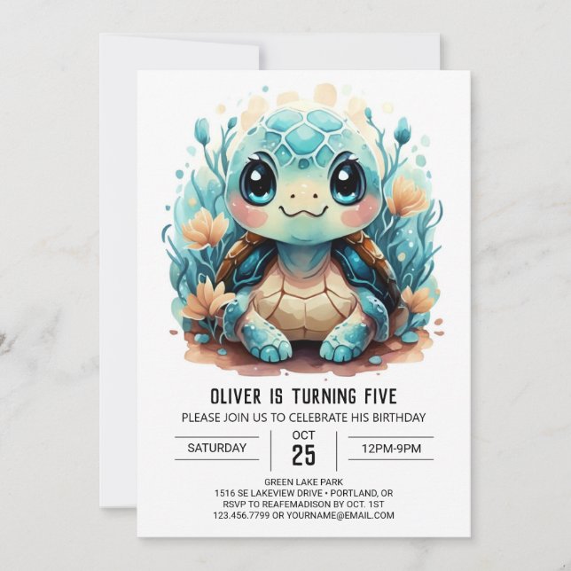 Printable Boho Happy Turtle Boy Birthday Invitation (Front)