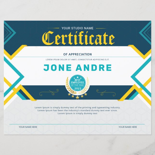 Printable Certificate Of Appreciation (Front)