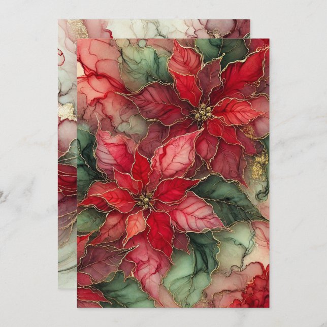 Printable Classic Festive Alcohol Ink Poinsettia Invitation (Front/Back)