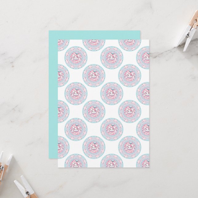Printable Cute Pastel Kawaii Bunny Dot Mandala Invitation (Front/Back In Situ)