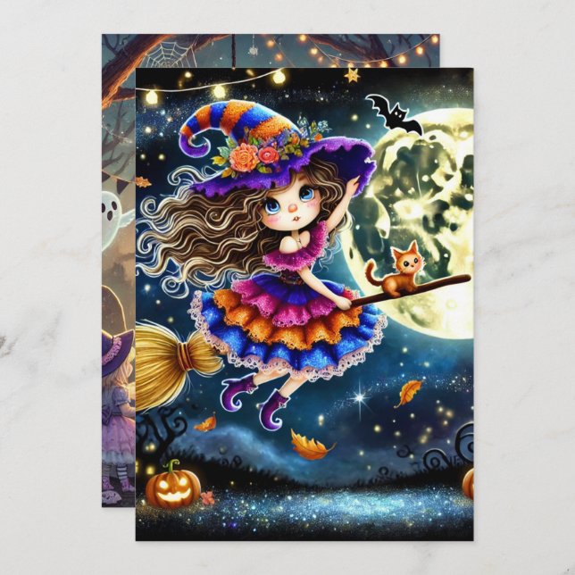Printable Cute Whimsical Flying Witch Halloween Invitation (Front/Back)