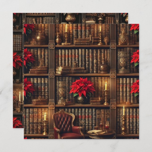 Printable Dark Academia Poinsettia Bookshelf Invitation (Front/Back)