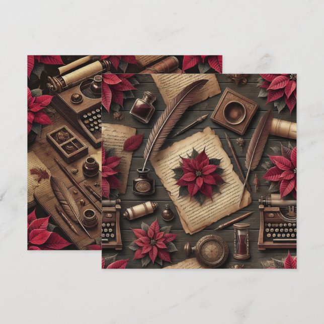 Printable Dark Academia Poinsettia Desk Scrapbook Invitation (Front/Back)