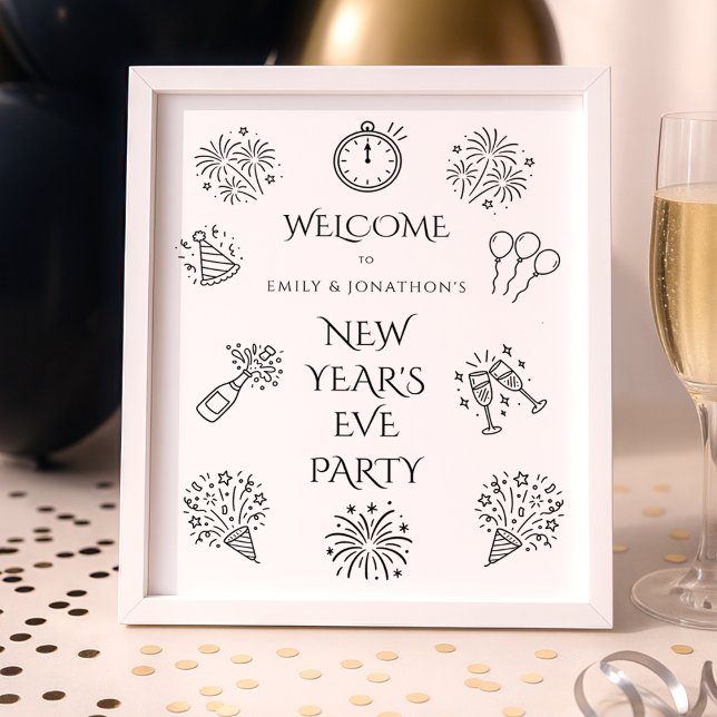 Printable Doodles Black Welcome to New Year Party Poster (Creator Uploaded)