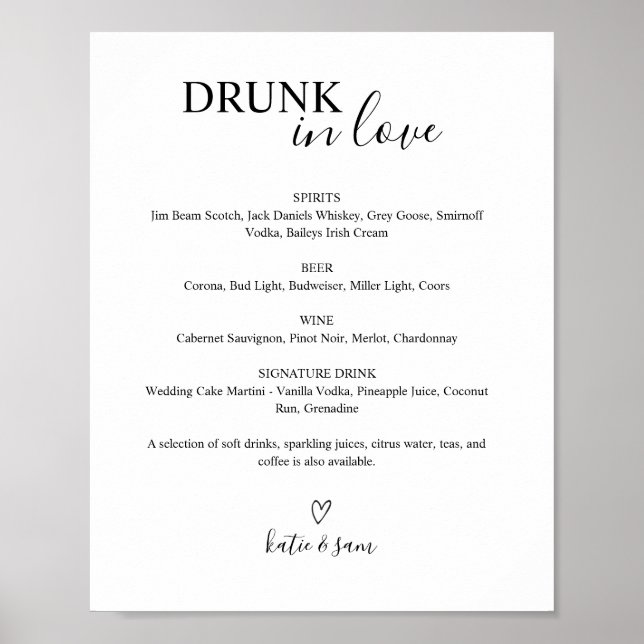 Printable Drunk In Love Wedding Bar Sign Menu (Front)