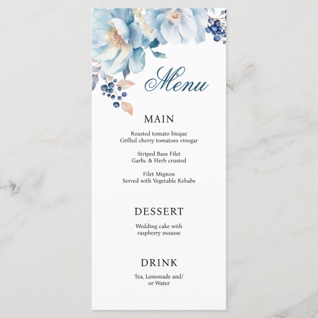 Printable Dusty Blue Florals Wedding Menu (Front)