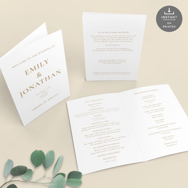 Printable Gold Text Church Folded Wedding Program (Views of front and back and inside)