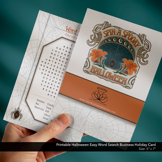 Printable Halloween Easy Word Search Business Holiday Card (Printable Halloween Business Freebie Giveaway Holiday Card with Logo and Website–Easy Word Search )