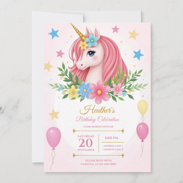 Printable Magical Unicorn Birthday Invitations (Front)