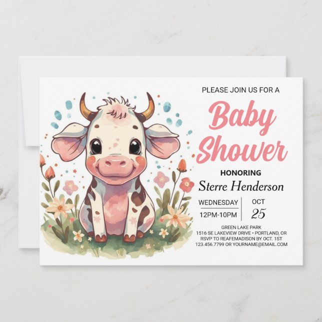  Printable Pastel Whimsical Cow Baby Shower Invitation (Front)
