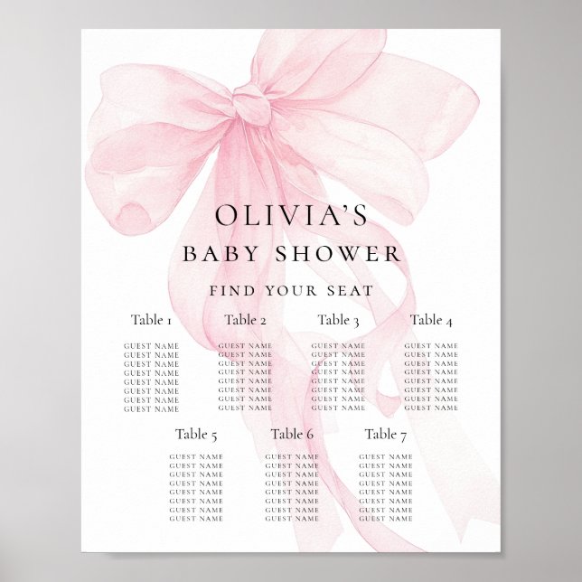 Printable Pink Bow Baby Shower Seating Chart (Front)
