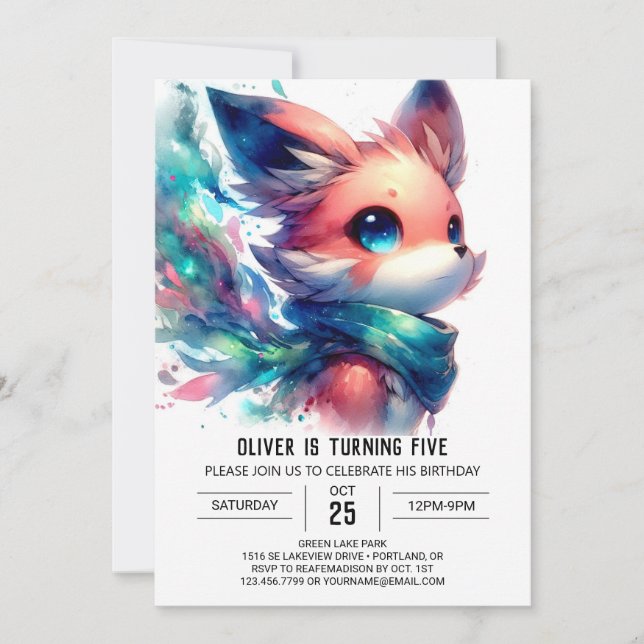 Printable Playful Fox Birthday Invitation (Front)