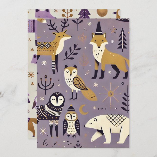 Printable Purple & Gold Scandinavian Animals Invitation (Front/Back)