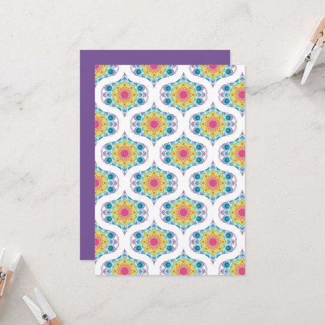 Printable Rainbow Floral 70s Ogee Scrapbook Paper Invitation (Front/Back In Situ)