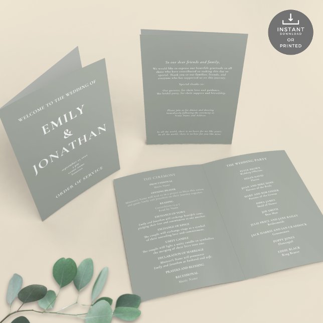 Printable Sage Church Folded Wedding Program (Views of front and back and inside)