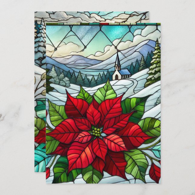 Printable Scenic Winter Poinsettia Stained Glass Invitation (Front/Back)