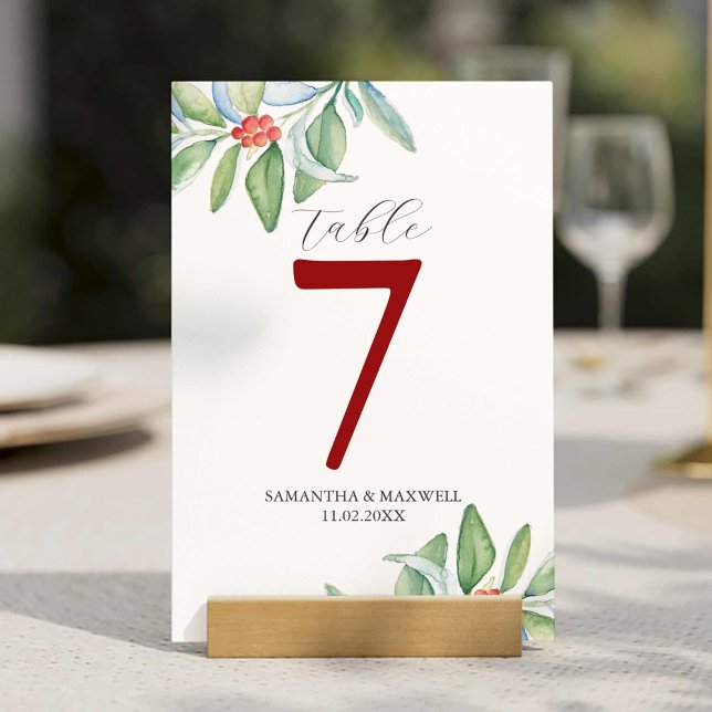 Printable Table Number Botanical Christmas (Wedding table number ideas features Christmas greenery watercolor art by Victoria Grigaliunas)