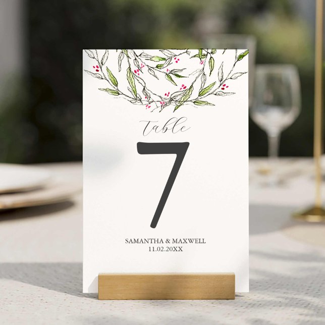 Printable Table Number Christmas Botanicals (Table number template features unique watercolor and line art botanicals by Victoria Grigaliunas)