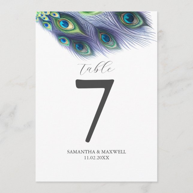 Printable Table Number Watercolor Peacock Feathers (Front)