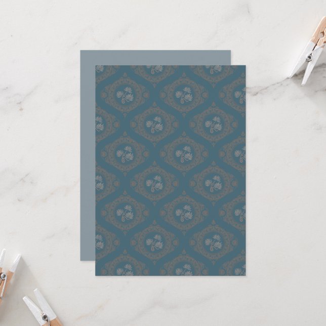 Printable Teal Tapestry Rococo Mandala Ogee Damask Invitation (Front/Back In Situ)