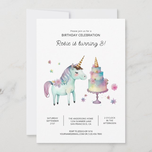 Printable Unicorn Birthday Party Invitations (Front)