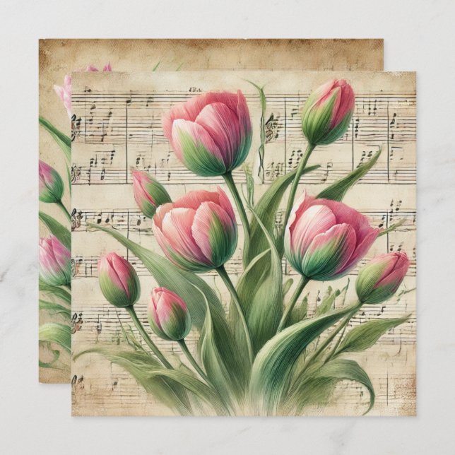 Printable Vintage Pink and Green Tulips Scrapbook Invitation (Front/Back)
