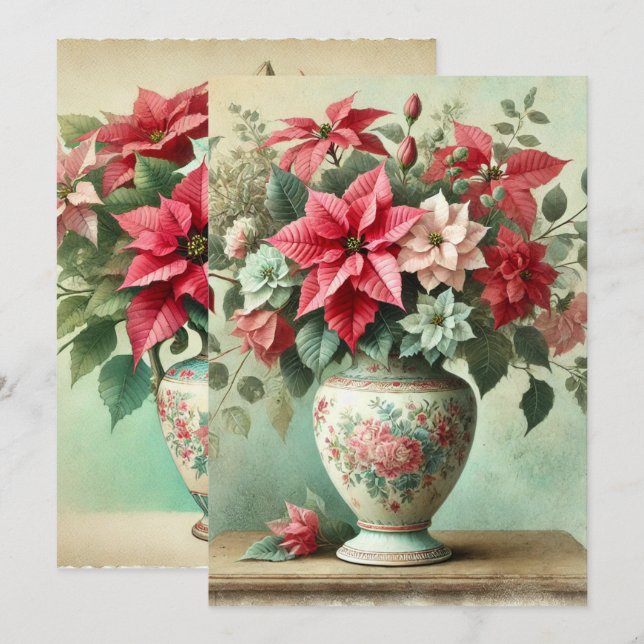 Printable Vintage Watercolor Vase of Poinsettia Invitation (Front/Back)