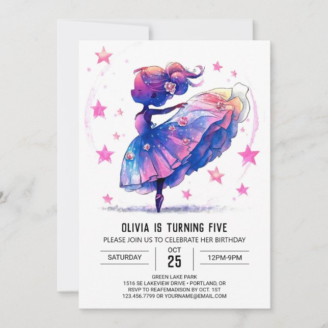 Printable Watercolor Ballerina Birthday Invitation (Front)