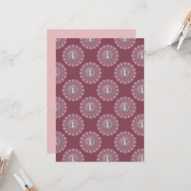 Printable Whimsical Pink Snowman Polka Dot Mandala Invitation (Front/Back In Situ)