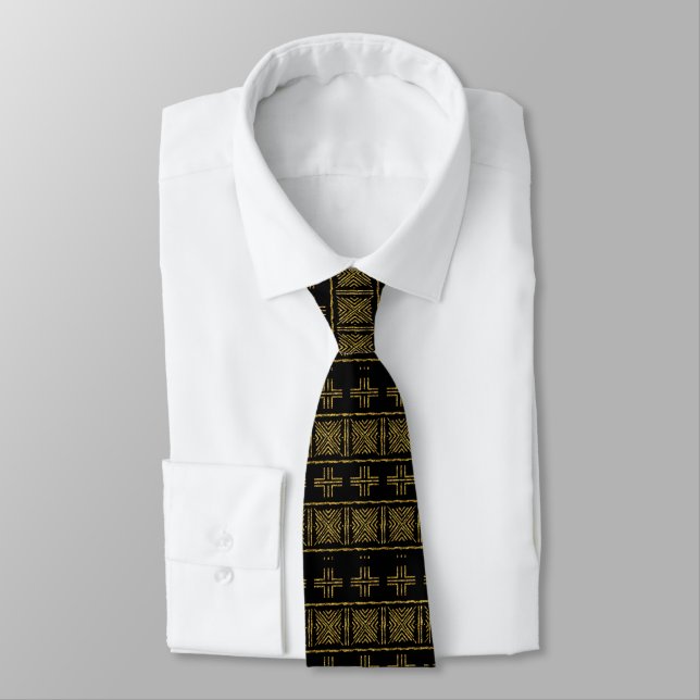 Printed African Black n Gold Bogolan Mud Cloth Tie (Tied)