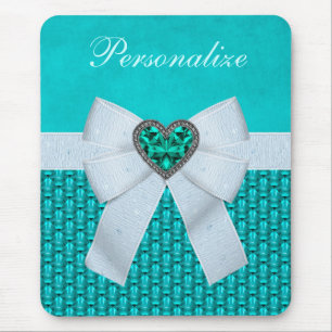 Printed Aquamarine Heart Faux Jewel & Bow Mouse Pad