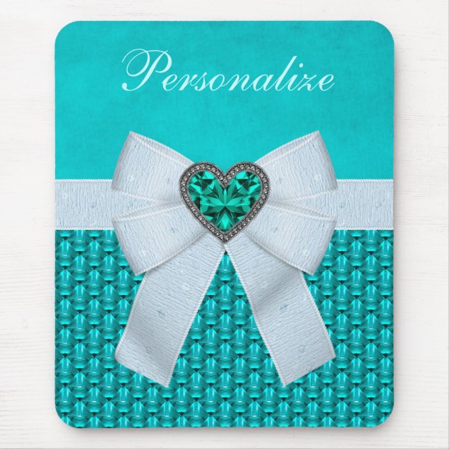 Printed Aquamarine Heart Faux Jewel & Bow Mouse Pad (Front)