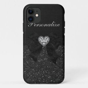 Printed Black Glitter, Diamond Heart & Bow iPhone 11 Case