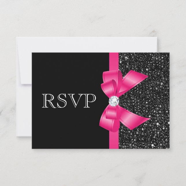 Printed Black Sequins and Hot Pink Bow RSVP Card (Front)