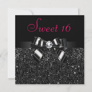 Printed Black Sequins, Bow & Diamond Pink Sweet 16 Invitation