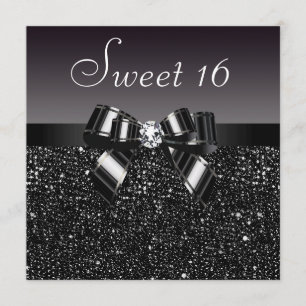 Printed Black Sequins, Bow & Diamond Sweet 16 Invitation