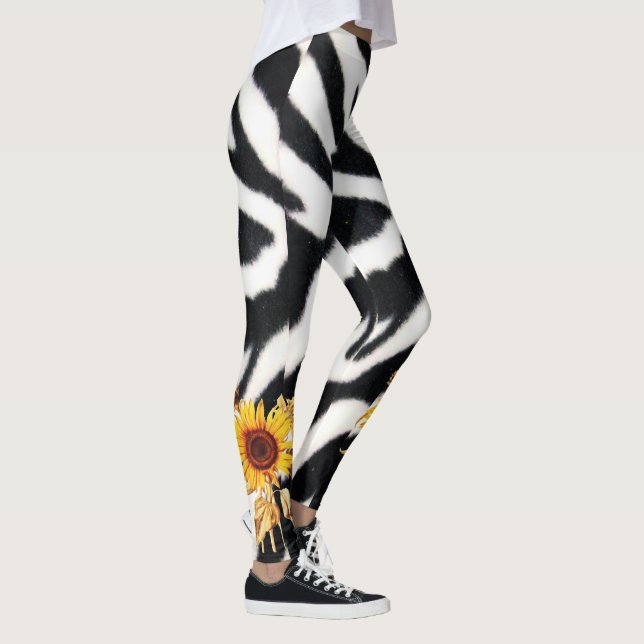 PRINTED BLACK WHITE ZEBRA SKIN WITH SUNFLOWERS LEGGINGS (Right)