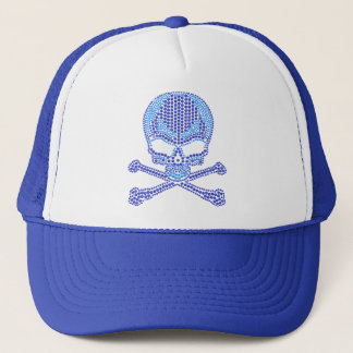 Printed Blue Rhinestone Skull & Crossbones Trucker Hat